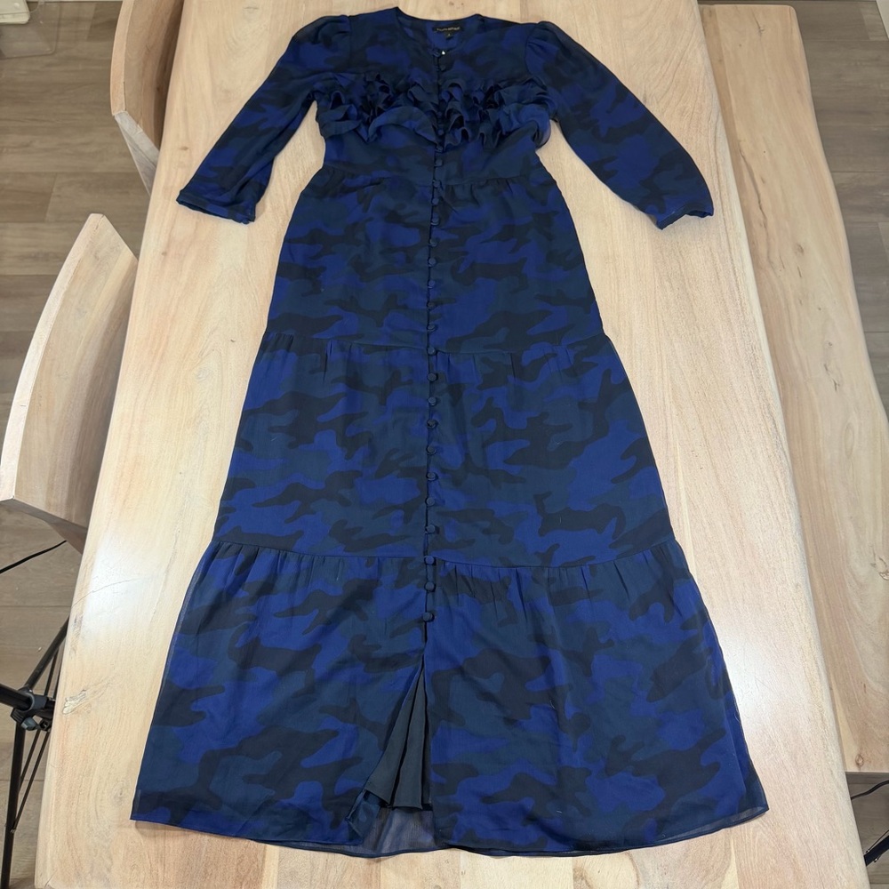 Banana Republic Blue Camo Ruffle Maxi Dress Button Up Size 4